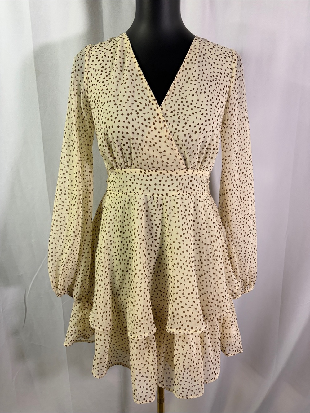 Japna Cream & Brown Dot Print Long Sleeve Tiered Hem V-Neck Mini Dress